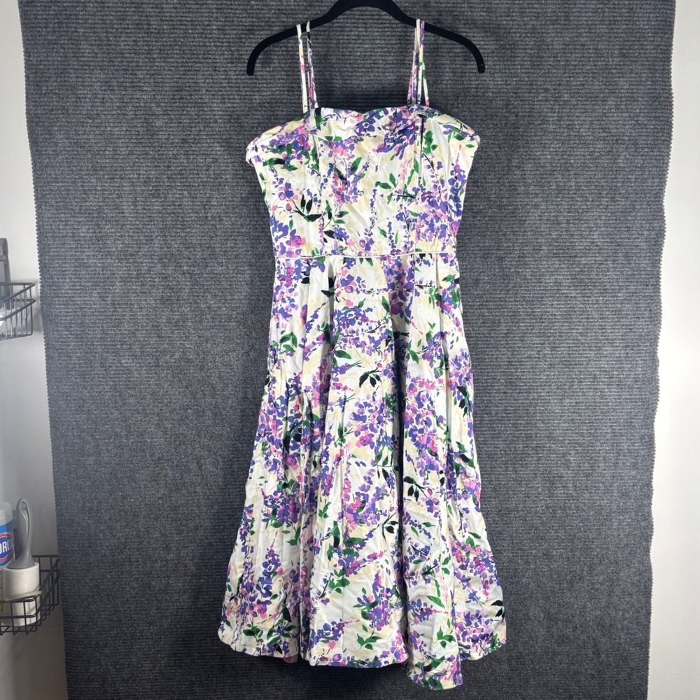 Maggy London Floral Fit Flare Dress Womens 8 Purple Cottagecore Garden Tea Party